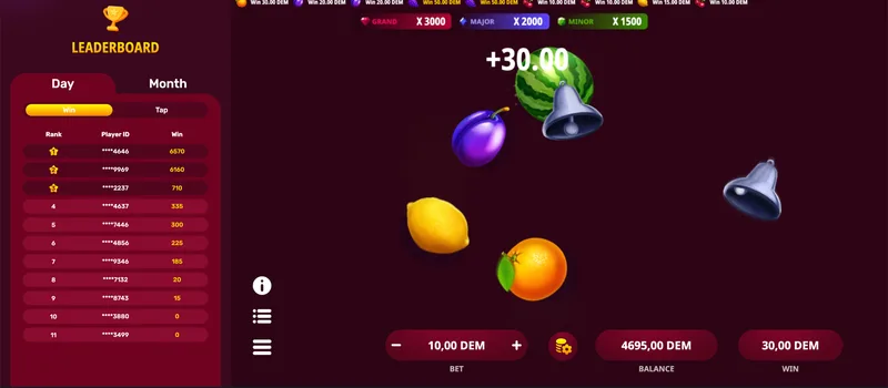 Hot Slice +30.00 win with plum, watermelon and bell symbols