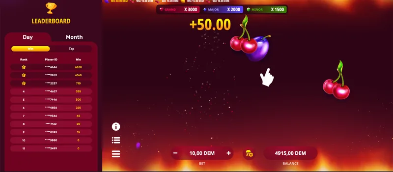 Hot Slice gameplay with leaderboard panel and cherry symbols — +50.00 win