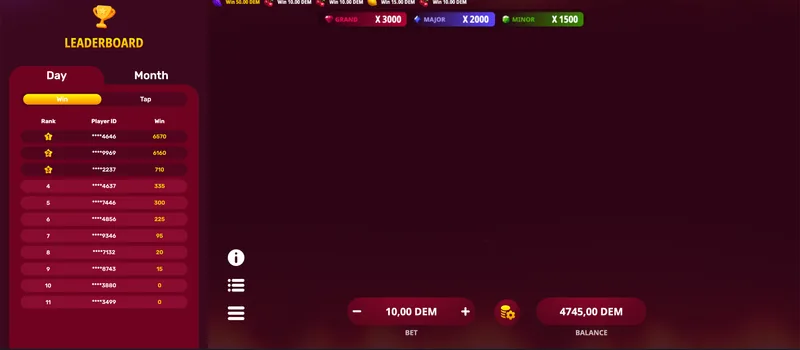 Hot Slice demo mode — leaderboard with Grand x3000, Major x2000, Minor x1500 jackpots visible