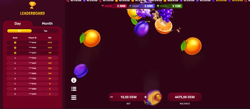 Hot Slice game screen with various fruit symbols — orange, cherry and grapes
