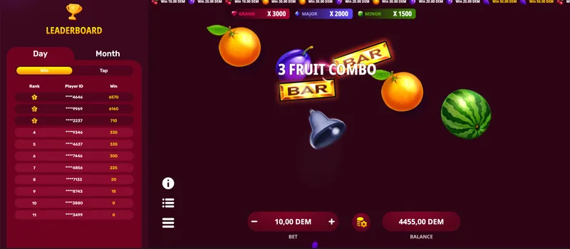 Hot Slice full game interface — bet controls, balance and fruit symbols